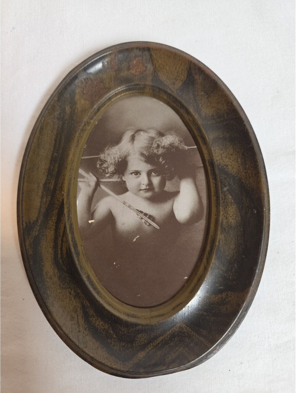 Antique 1897 "Cupid Awake" Print by M.B. Parkinson - 7.5" Oval Lithographed Tin